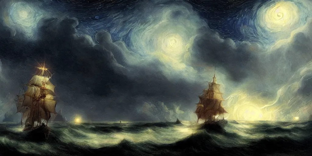 Prompt: a concept art of the greatest sailor of all time, looking at storm which destroyed ship, intricate details, starry night, artstation, epic scenery, colourful sky, by marco bucci and rembrandt