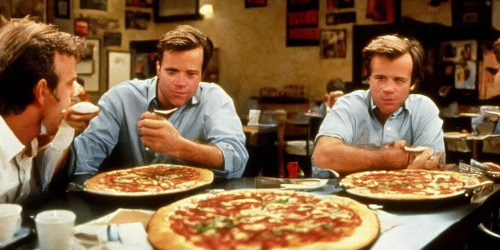 Image similar to color film of joe biden eating pizza in an italian restaurant 1 9 9 4 im the film of good will hunting, grinning, close up, detailed