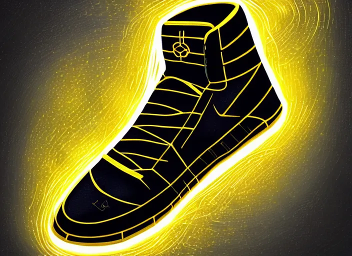 Image similar to glowing black basketball sneaker, wth short golden lines, yellow details, symmetrical, highly detailed, digital art, sharp focus, trending on art station, samurai, electricity superpowers, anime art style