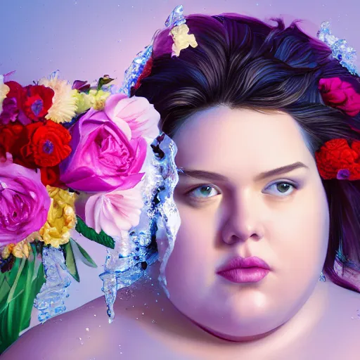 Image similar to the huge fat woman's head is on the in the closet, covered with ice and flowers. medium shot. beautiful colors, great lighting. fantastic movie scene. subsurface scattering shiny skin. beautiful lighting, 4 k post - processing, trending in art station, cg society, highly detailed, 5 k extremely detailed, 3 d. cinematic scene. sharp image.