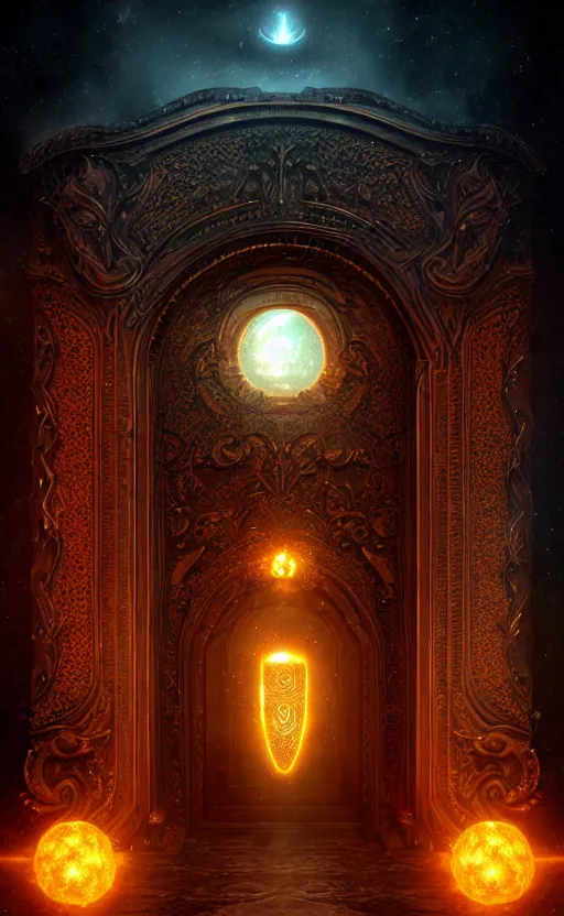 Image similar to a ornamental gate into stars a demon emerges from it, ornament, intarsia, portal, doorway, no background, dynamic lighting, ambient lighting, atmospherical, photorealistic fantasy concept art, trending on art station, stunning visuals, creative, cinematic, ultra detailed