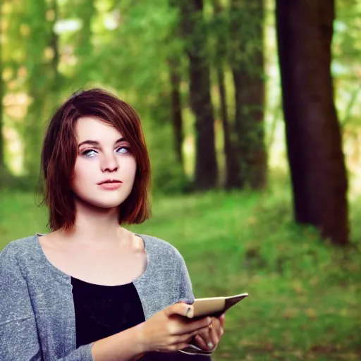 Image similar to an hd candid photo of a cute young woman with short brown hair and green eyes, beautiful trees in the background, night sky with stars and galaxies, trending on artstation