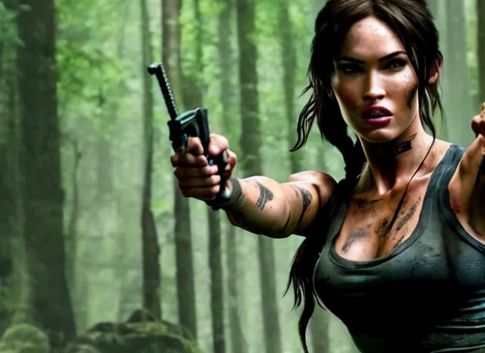 Image similar to film still of megan fox as lara croft in new tomb raider movie, 8 k