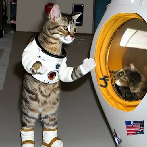 Prompt: cat astronaut gives a handshake to donald trump