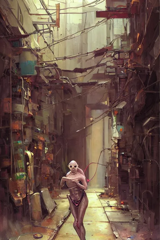 Image similar to a cyborg!! sphynx cat!!, in a cyberpunk alleyway by daniel gerhartz