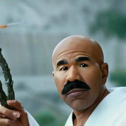 Prompt: cinematic film still of Steve Harvey starring as a Japanese Sensei with fire, Japanese CGI, VFX, 2003, 40mm lens, shallow depth of field, film photography