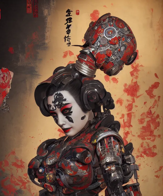 Image similar to an epic fantastic realism comic book style portrait painting of a japanese robotic geisha with kanji tattoos and decals, apex legends, octane render, intricate detail, 4 k hd, unreal engine 5