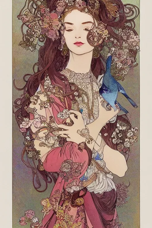 Prompt: a beautiful intricate watercolor illustration of a beatutifull woman with birds, detailed paper, 4 k, ultra - wide angle, ornate, elagant, by william turner, by victo ngai, by alphonse mucha, by miho hirano, by moebius, hd, trending on artstation, hyper detailed, muted intense colors