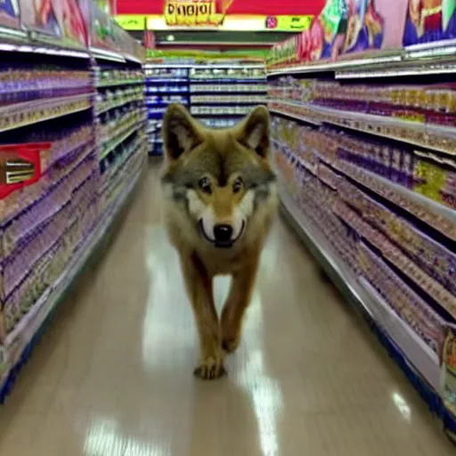 Prompt: A still of an episode of Super Market Sweep where angry wolves burst into the aisles.