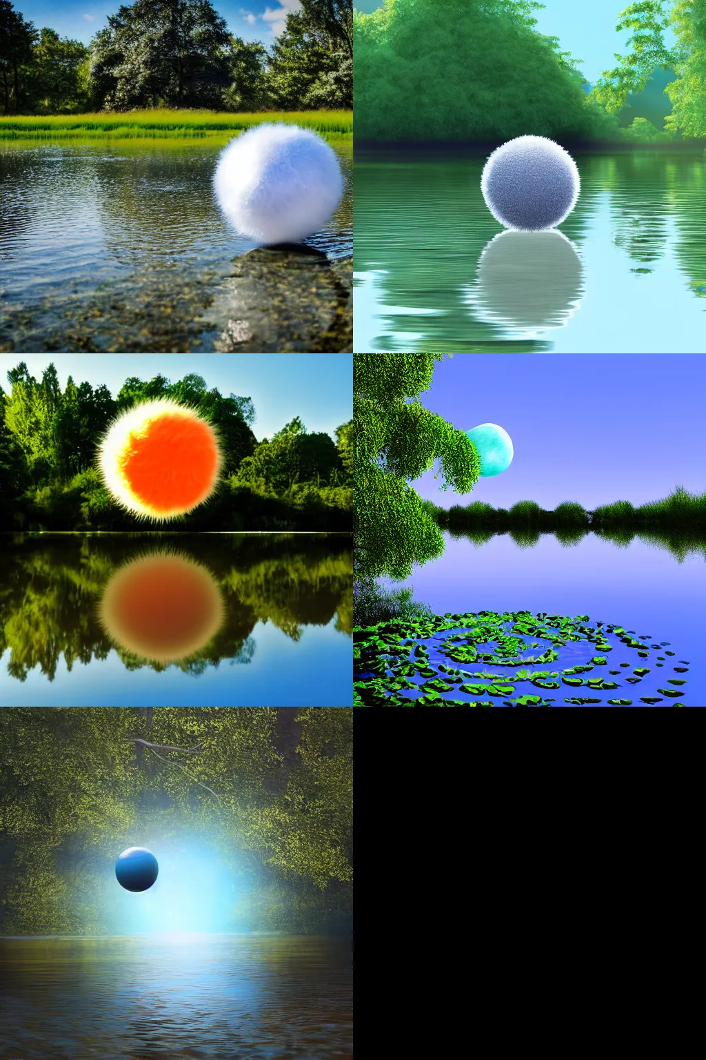 Image similar to a fuzzy orb floating on a pond, calm water, photorealistic, 4 k, detailed