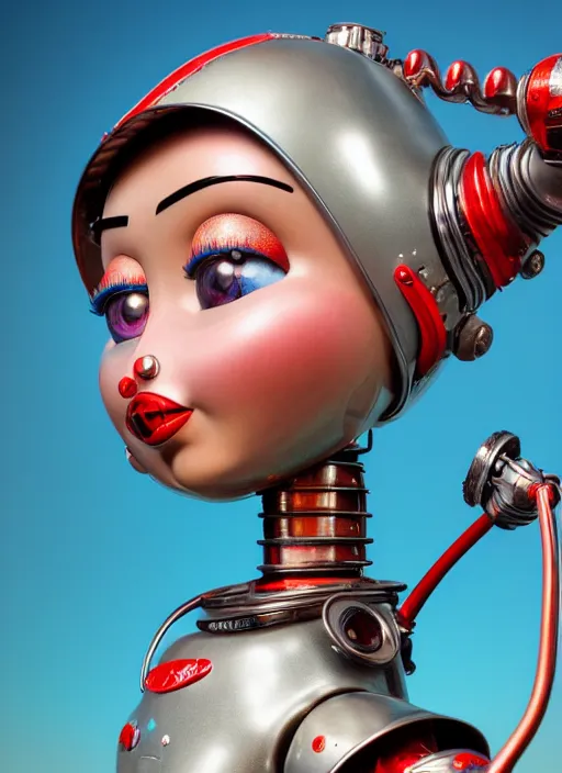 Image similar to highly detailed closeup, face profile portrait of a retro 1 9 5 0 s tin toy robot spacegirl wearing a bikini, unreal engine, nicoletta ceccoli, mark ryden, earl norem, lostfish, global illumination, detailed and intricate environment