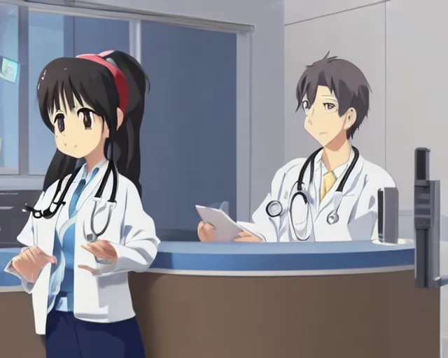 Image similar to a cute young female doctor wearing white coat are talking to a patient in a clinic room, slice of life anime, lighting, anime scenery by Makoto shinkai
