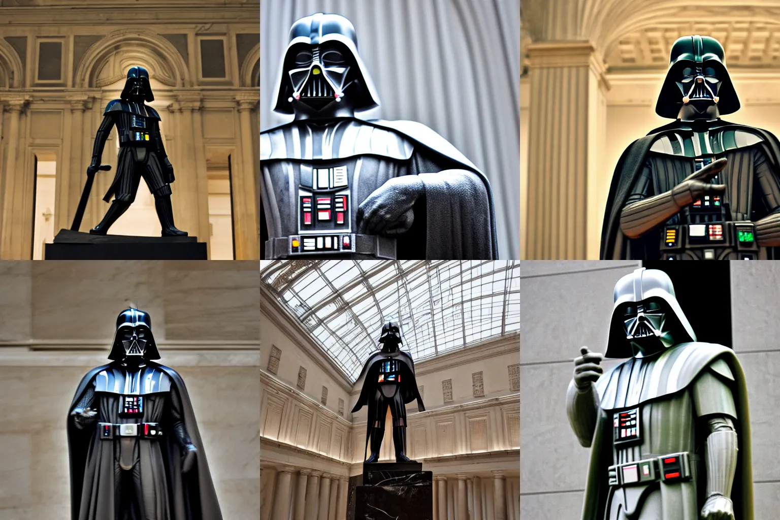 Prompt: a marble statue of darth vader in the louvre, high-res, professional photography, 35mm