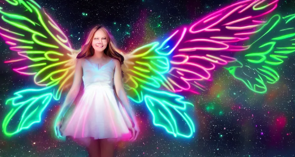 Image similar to a beautiful angel floating in space with neon wings