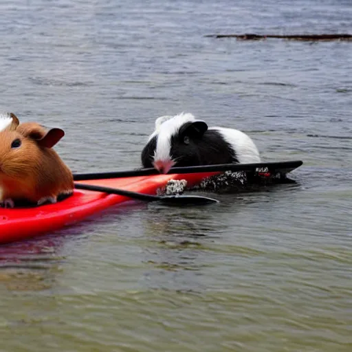 Prompt: A guinea pig paddling a kayak on a calm river