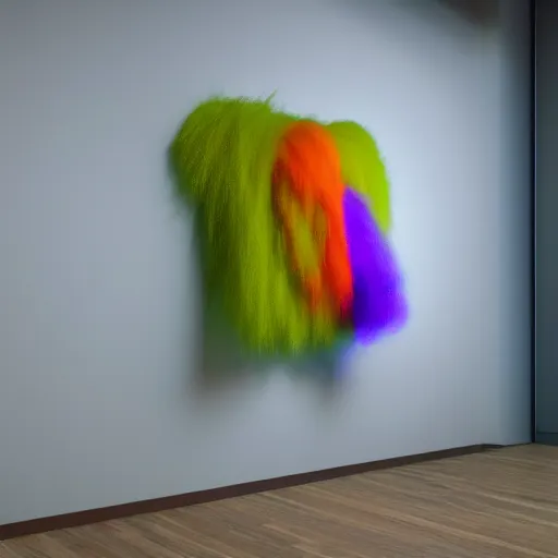 Image similar to : colorful abstract fuzzy sculpture on the wall in modern architecture, cinematic lighting, hyper - realistic, detailed, render by c 4 d octane, unreal engine, 8 k 3 d render