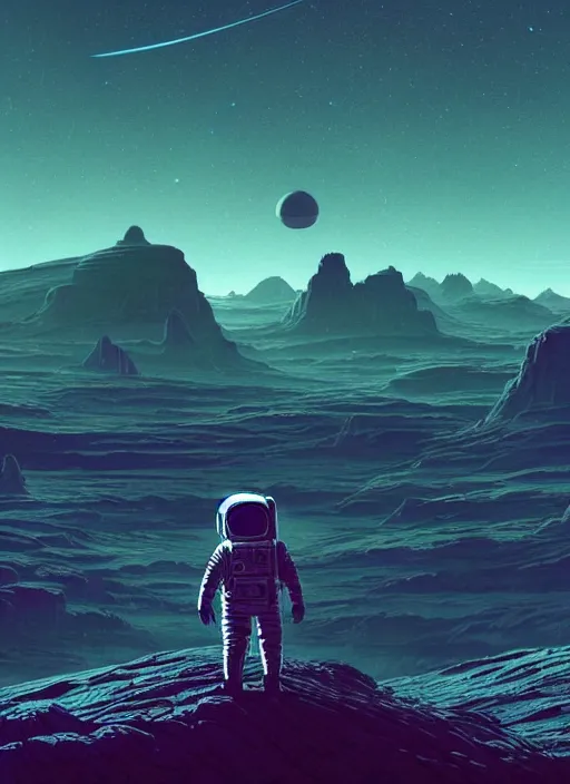 Prompt: a lonely astronaut overlooking at an amazing alien landscape and the universe, digital art, breathtaking, golden ratio, extremely detailed, establishing shot, hyperrealistic, cinematic lighting, particles, unreal engine, simon stålenhag, rendered by Beeple, Makoto Shinkai, syd meade, simon stålenhag, Ruan Jia, Kentaro Miura, environment concept, artstation, octane render, 4K UHD image