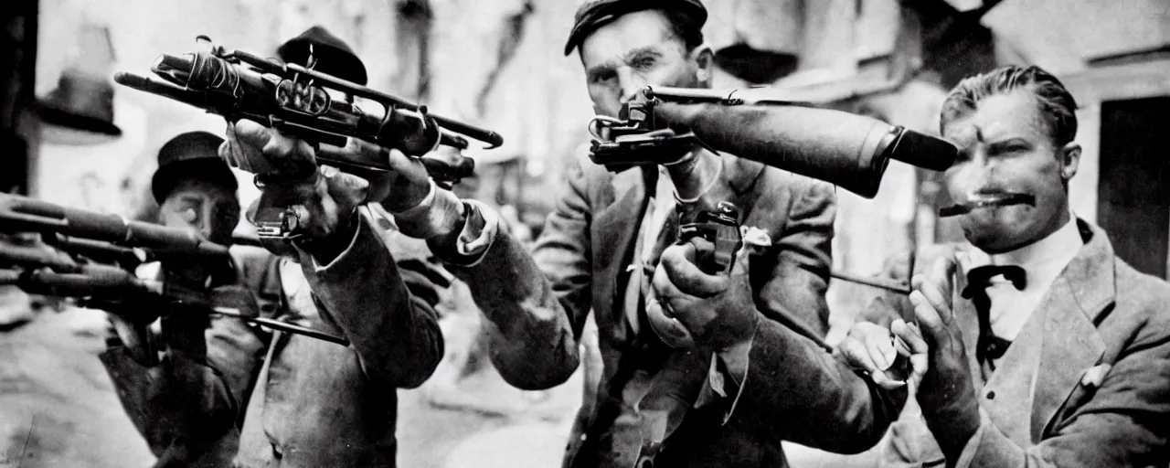 Image similar to 1 9 2 0's gangster shooting with a tommy gun made of spaghetti, canon 5 0 mm, high detailed face, facial expression, cinematic lighting, photography, retro, film, kodachrome