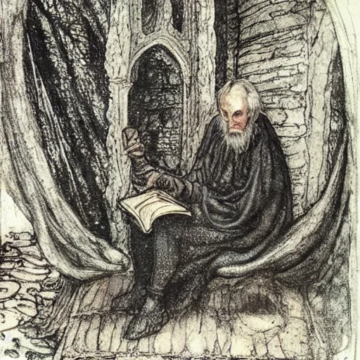 Image similar to a 1 3 th century, enigmatic, melancholic, fae wizard ( look like ( ( eighty years old christopher lee ) ), is ( ( reading an old book ) ). light dust, magnificent, hyperdetailed, theatrical, painted by arthur rackham