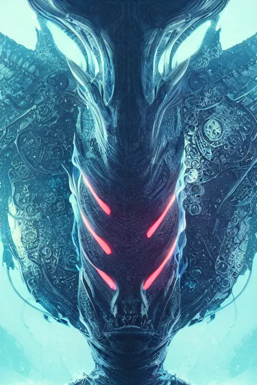 Image similar to a centered render of an ancient futuristic dragon with digital modifications surrounded by a underwater ink pour and flowing liquid gallium and complex sacred geometry, perfect body and face, powerful, cinematic, beautifully lit, by beeple, by artgerm, by karol bak, 3 d, trending on artstation, octane render, 8 k