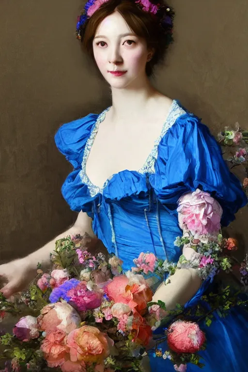 Image similar to a painting of a woman in a blue dress with a floral pattern, a colorful flowery character portrait by ruan jia, cgsociety, rococo, ilya kuvshinov, made of flowers, pre - raphaelite