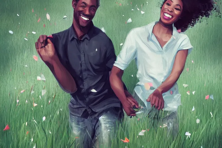 Prompt: happy black couple taking a stroll in lush grass with falling flower petals, digital painting by artgerm and face by wlop