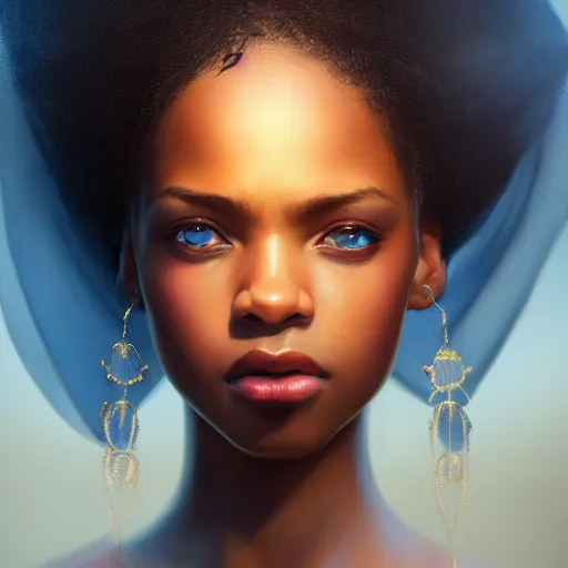 Image similar to a Photorealistic dramatic hyperrealistic bright blue eyes, African American elegant girl, black hair, white veil,by WLOP,Artgerm,Greg Rutkowski,Alphonse Mucha, Dang My Linh, Beautiful dynamic dramatic bright sunset lighting,shadows,cinematic atmosphere,Artstation,concept design art,Octane render,8k