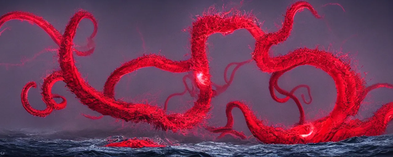 Image similar to giant elder kraken covered in red lightning in the middle of a giant whirlpool, award winning photograph, national geographic, 8k UHD