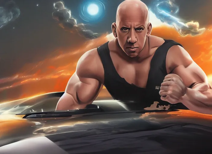 Prompt: landscape, long shot of vin diesel as saitama! punching!!! a car!!! through space, hyperrealism, trending on artstation