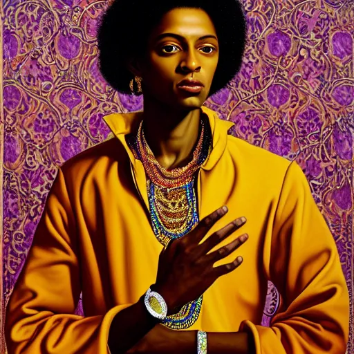 Prompt: A portrait of a skinny trendy and enchanting non-binary person, light skin tone, Indian, oil painting by Kehinde Wiley, majestic, detailed, high resolution