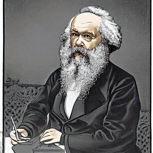 Prompt: Karl Marx pondering his orb, technicolor