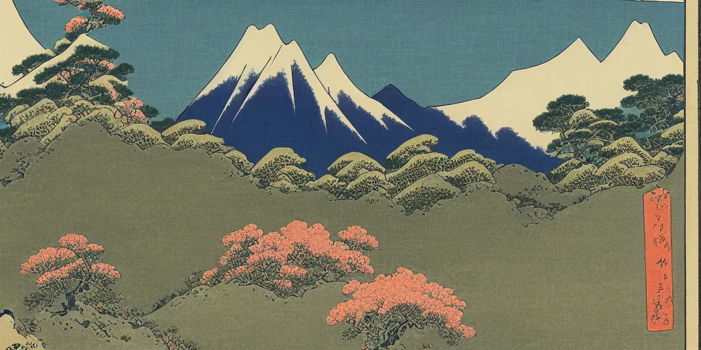 Image similar to mountain landscape with many flowers, by katsushika hokusai and mahmoud sai, intricate, sharp focus, detailed, lively colors, sky, water