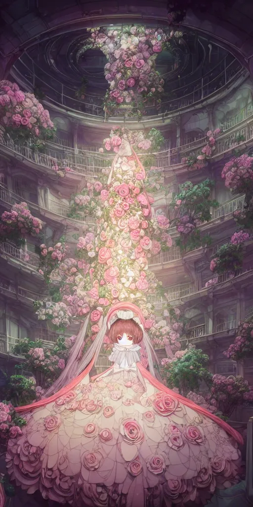 Image similar to the beautiful hyperdetailed physical rendering of a rose wedding gothic lolita dress clothing design display in exhibition hall, exhibition hall lighting, in the style of makoto shinkai victo ngai and peter mohrbacher studio ghibli artgerm karol bak beeple, surrealistic style, 8 k hd, 3 drender