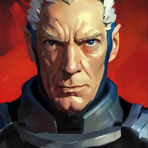 Image similar to Greg Manchess portrait painting of Magneto as Overwatch character, medium shot, asymmetrical, profile picture, Organic Painting, sunny day, Matte Painting, bold shapes, hard edges, street art, trending on artstation, by Huang Guangjian and Gil Elvgren and Sachin Teng
