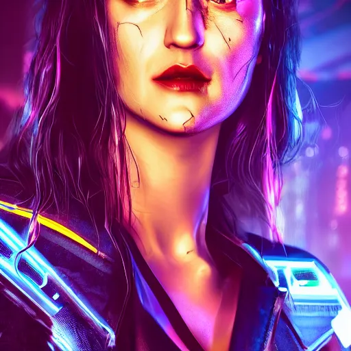 Image similar to katie mcgrath portrait, cyberpunk 2 0 7 7, cyberpunk judy alvarez, photorealistic, ultra detailed, neon, octane, bokeh, cinematic lighting, cyber, cyberpunk city, studio quality, feature, scars, cyberface, 8 k