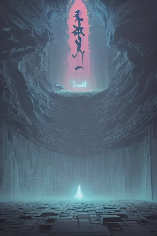 Image similar to Artwork by Beeple of the cinematic view of the Deadly Cave of Spirits, Infernal, Writings.