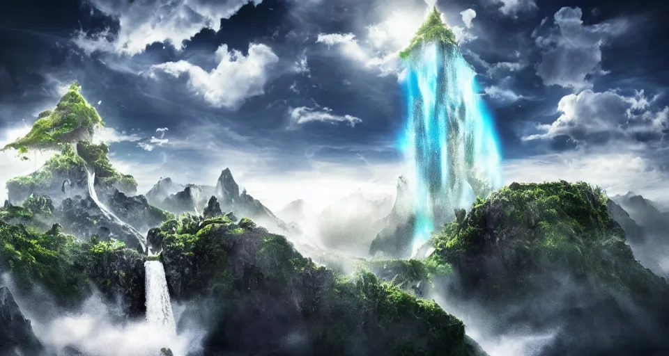 Image similar to A magnificent floating island in the sky above the sea, defying gravity, floating and flying island, waterfall falling down, epic lighting, epic composition, highly detailed