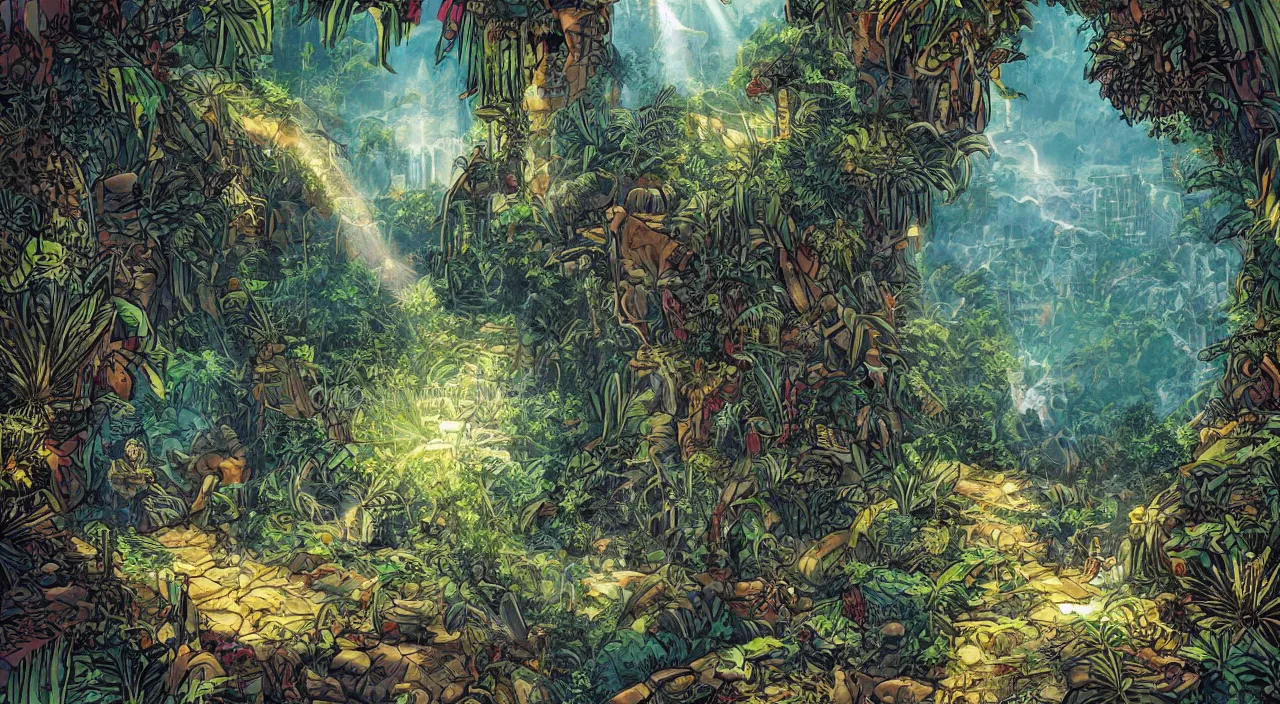 Image similar to zouk fabric jungle dirt wall fortress a spectacular view cinematic rays of sunlight comic book illustration, by john kirby