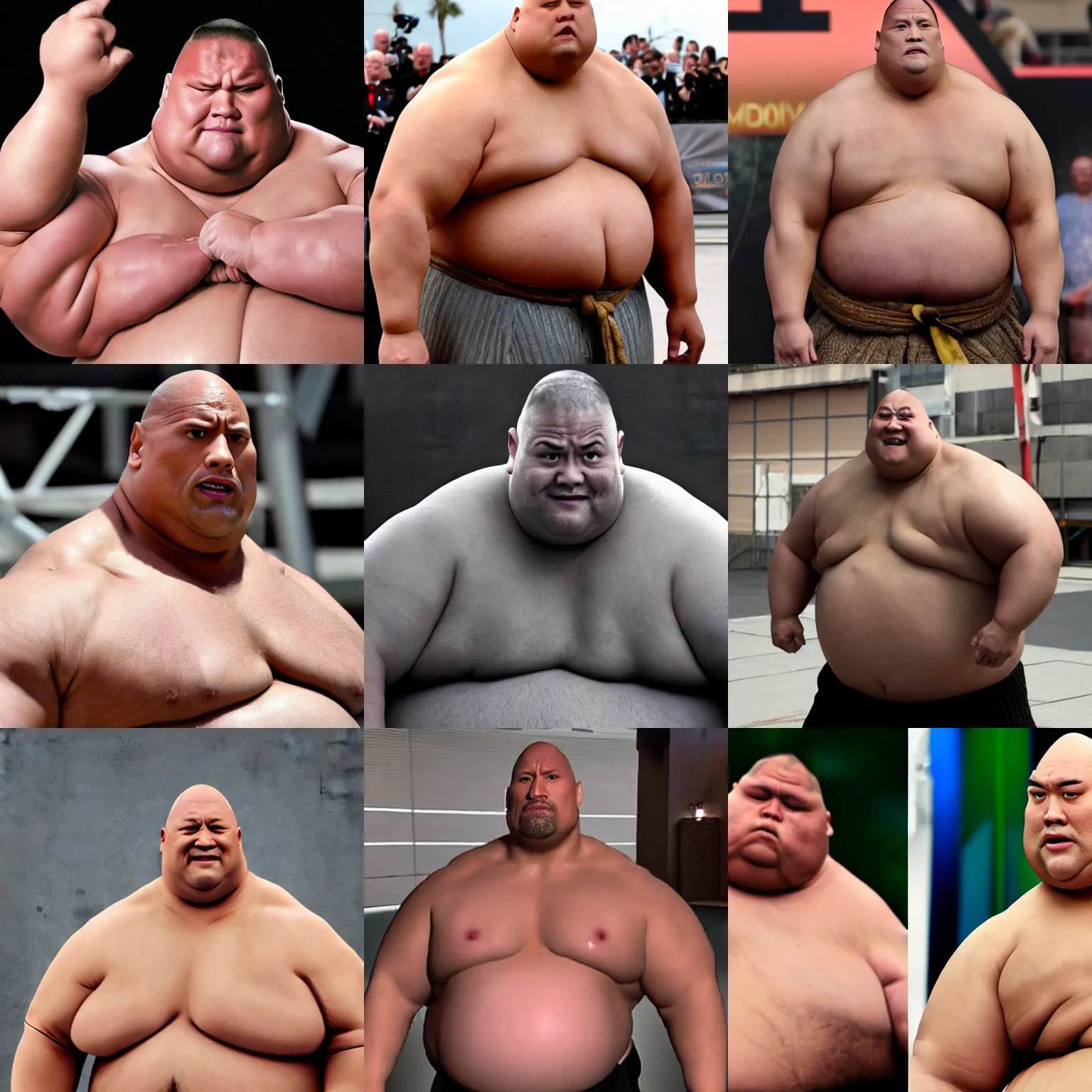 Prompt: obese!!! dwayne johnson sumo wrestler, looks at the camera
