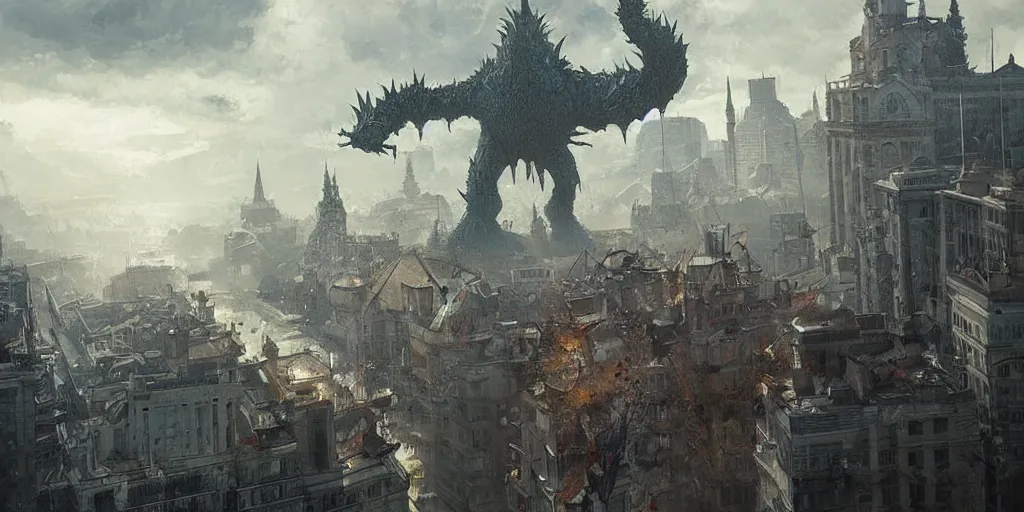 Prompt: kaiju attack in budapest painting, greg rutkowski, detailed, cinematic