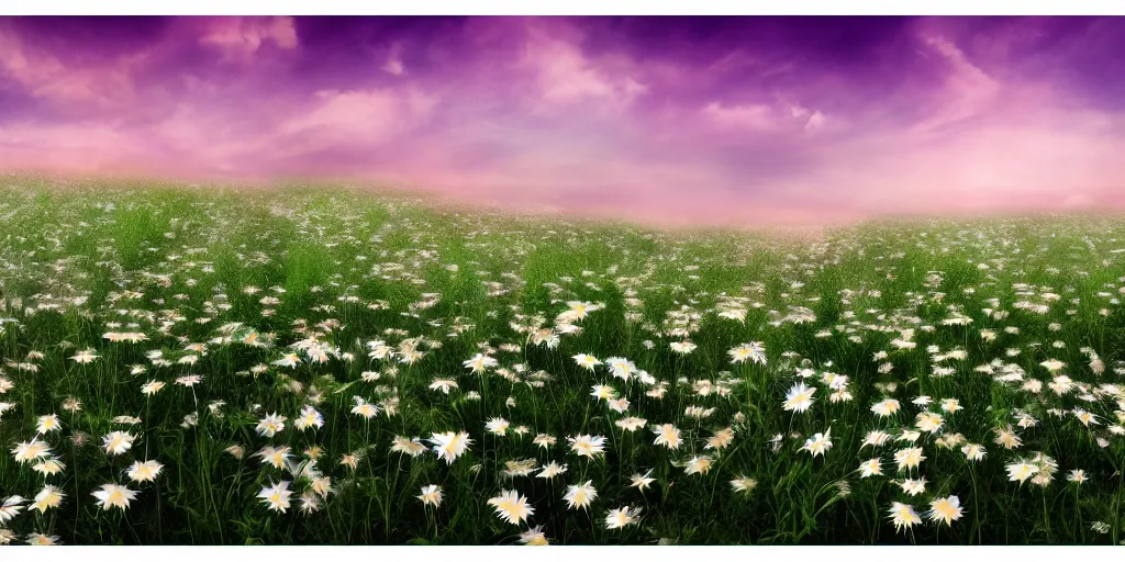 Prompt: field of green daisies, purple sky in background, matte painting