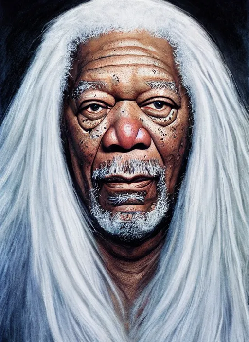 Prompt: evil morgan freeman as evil wizard saurman the white, long white hair and white beard, long white flowing robes, long black wizard staff by alan lee, lord of the rings, smooth, oil painting, matte painting, concept art, trending on artstation, promotional artwork, film still, elegant, photorealistic facial features, intricate, detailed face, cinematic lighting