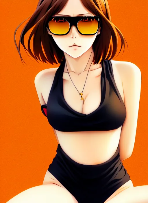 Prompt: anime portrait of a confident woman, brown hair, yellow - orange eyes, wearing sunglasses and two - piece swimsuit, ilya kuvshinov, anime, pixiv top monthly, trending on artstation, cinematic, danbooru, zerochan art, kyoto animation