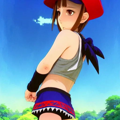 Image similar to beautiful boyish natalie portman gravure model in majora's mask, wearing wooden mask and baseball cap and leotard, street wear with subtle mayan patterns, aztec bathing suit, gapmoe yandere grimdark, trending on pixiv fanbox, painted by greg rutkowski makoto shinkai takashi takeuchi studio ghibli, akihiko yoshida