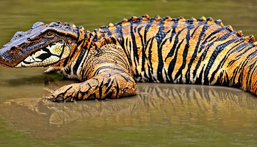 Image similar to an alligator tiger!!! hybrid! hyper realistic!! realistic lighting!! wildlife photographer of the year!!! bold natural colors, national geographic, hd, wide angle, 8 k