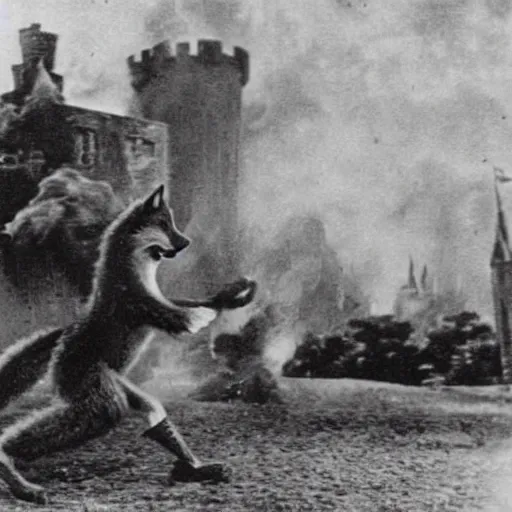 Image similar to anthropomorphic fox man fights in front of a castle that is on fire as many other anthropomorphic animals watch, 1910s film scene