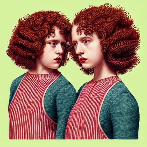 Prompt: red curly haired twins wearing striped clothes:: by Casey Weldon:: ornate, dynamic, particulate, pastel colors, intricate, elegant, highly detailed, centered, artstation, smooth, sharp focus, octane render, 3d