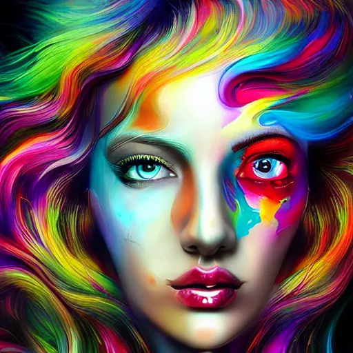 Image similar to ultra detailed digital art painting of a woman's face with colorful hair, digital art by alberto seveso, cyril rolando, behance contest winner, psychedelic art, psychedelic, fractalism, poster art