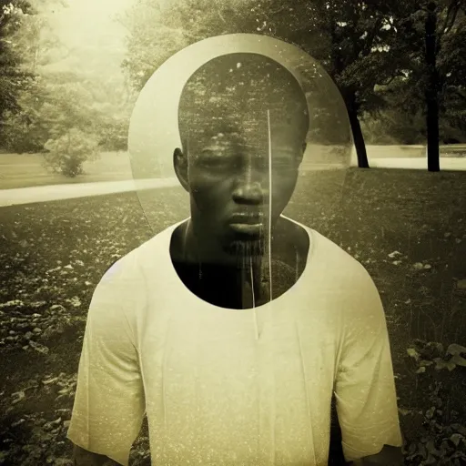 Prompt: double exposure black man, guitar and nature, by Christoffer Relander