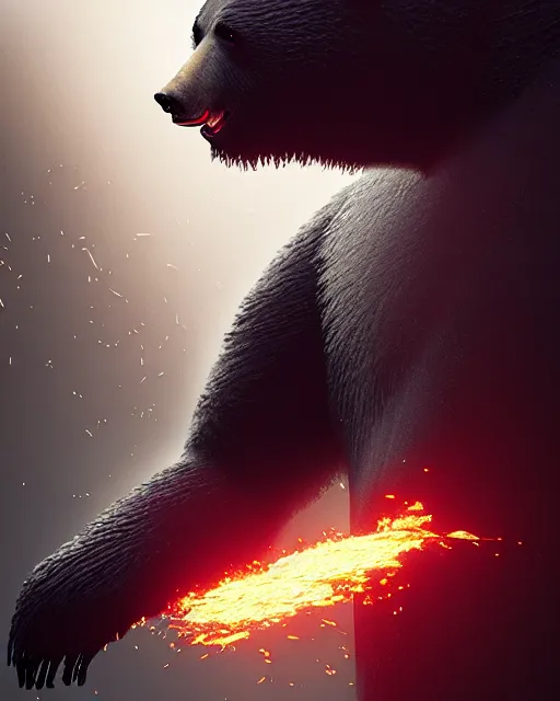 Prompt: angry shapeshifting anthropomorphic black bear seperating into pieces, glowing eyes, scattered, black smoke, intricate background, complex 3 d render by ilya kuvshinov, craig mullins, ruan jia, thomas kinkade, victo ngai. unreal engine, blender, octane, ray tracing. sharp focus, masterpiece, post processing, deviantart